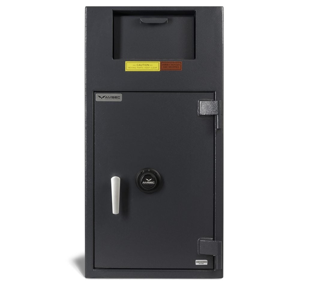 AMSEC BWB3020FL Wide Body Deposit Safe front view showing the deposit slot and digital lock area on a black cash handling safe