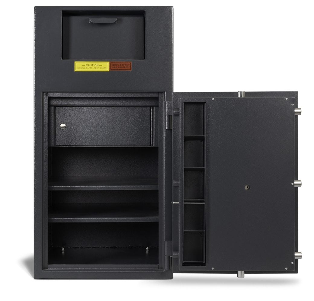AMSEC BWB3020FL Wide Body Deposit Safe open view showing empty interior locker and deposit compartments