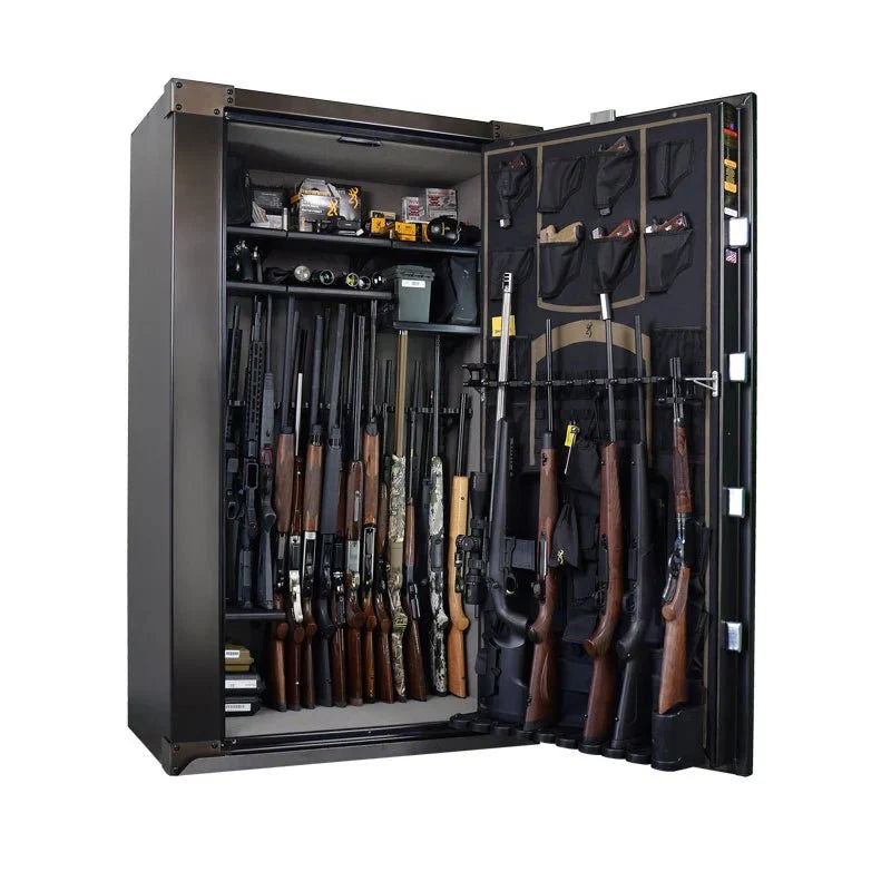 Browning 1878-49T Tall 49-Gun Safe — open interior and door storage with example firearms