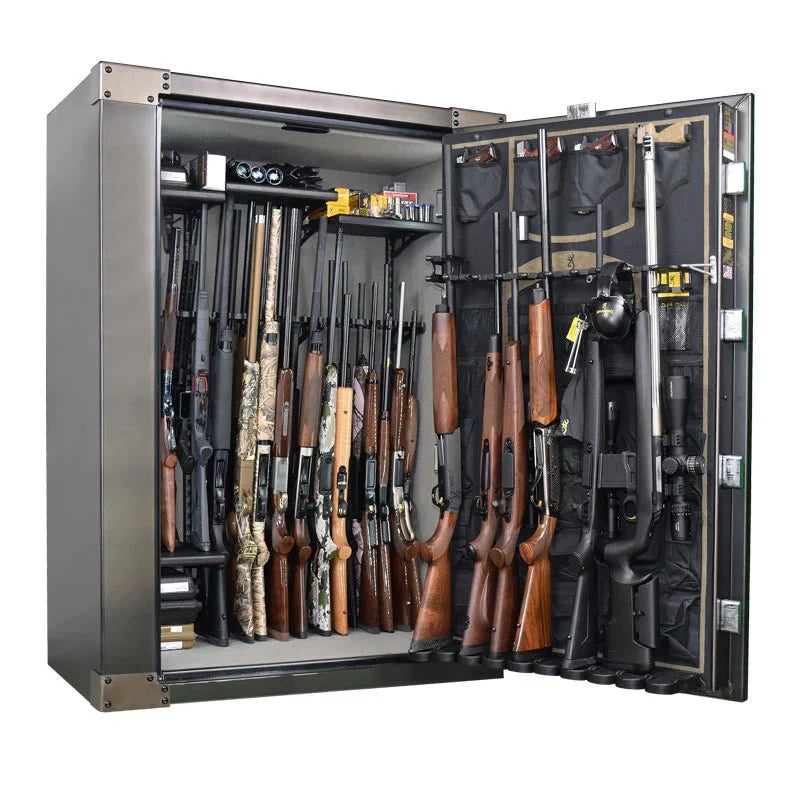 Browning 1878-49 Wide 49-Gun Safe — open interior and door storage with example firearms