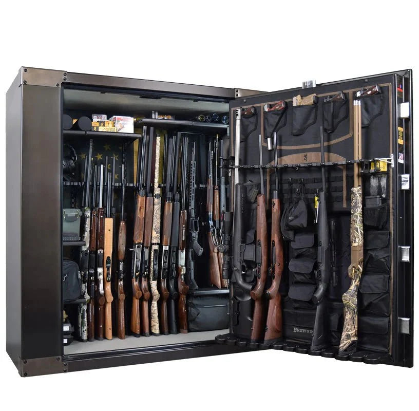 Browning 1878-65 Extra Wide 65-Gun Safe — open interior and door storage with example firearms
