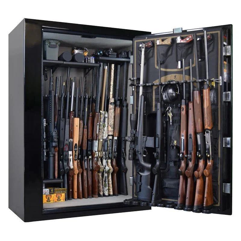 Browning HC49 Hell's Canyon Wide 49-Gun Safe — open interior with example firearms