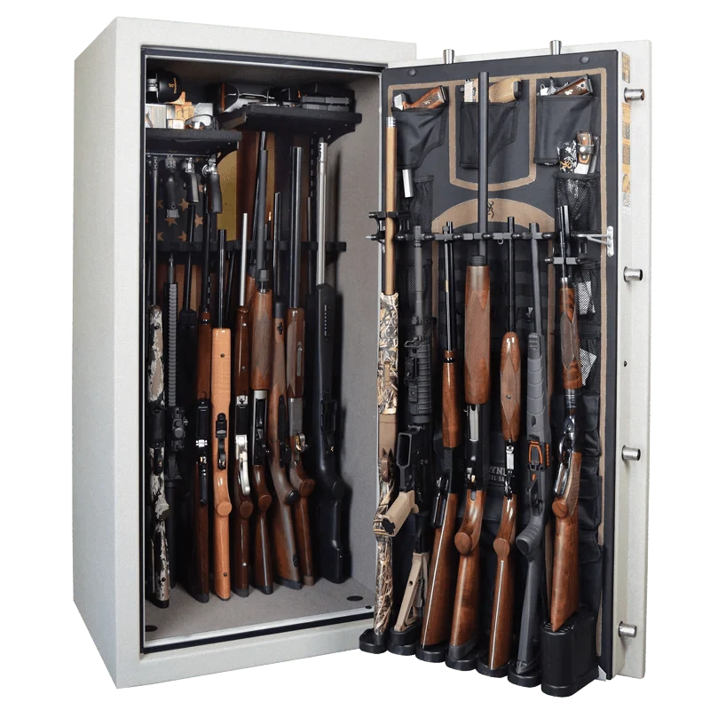 Browning HTR33 Hunter Deluxe 33-Gun Safe — open interior with example firearms