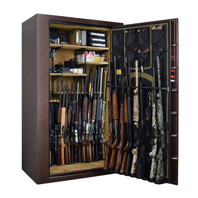 Browning RW49T Rawhide Tall 49-Gun Safe — open interior with example firearms
