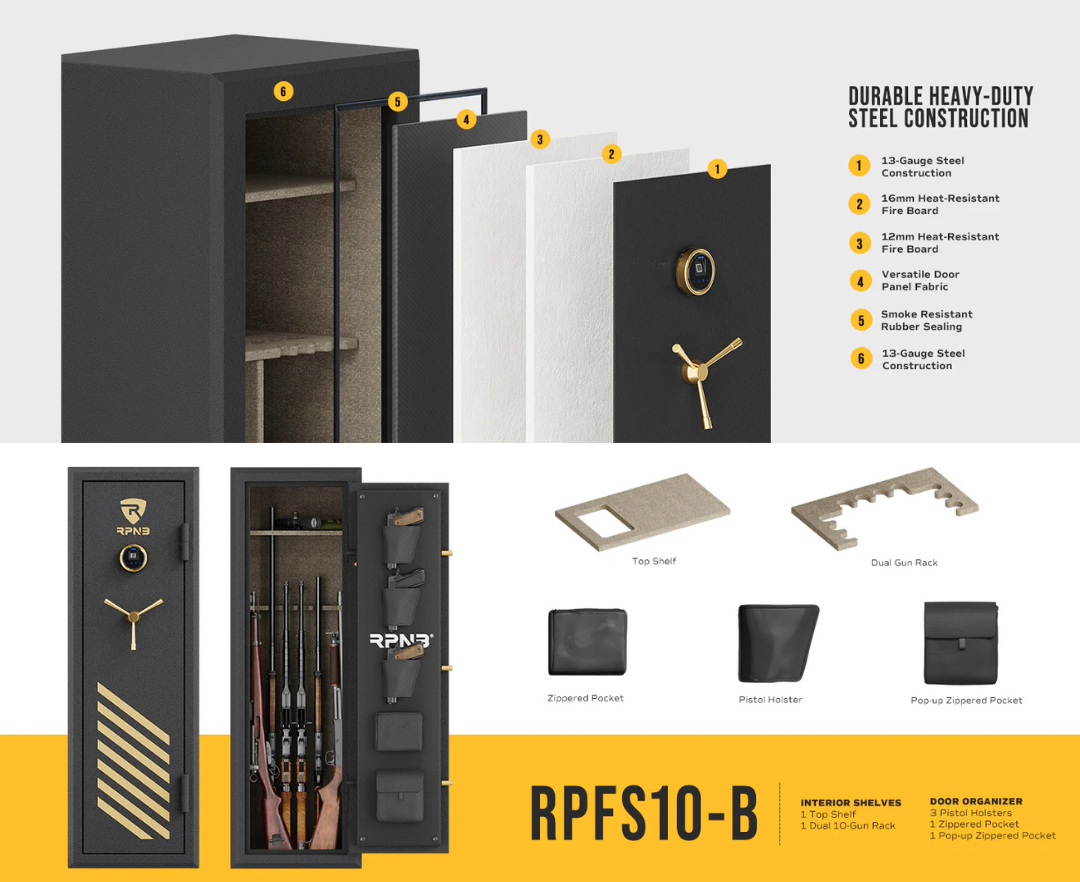 RPNB RPFS10-B 10 Gun Fireproof & Biometric Digital Safe for Rifles and Pistols