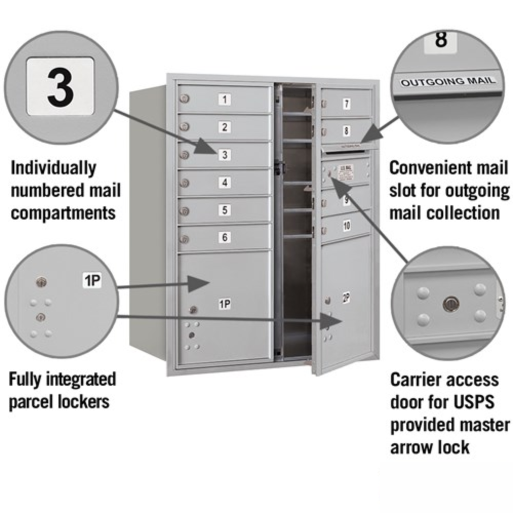 Salsbury 10 Door High Recessed Mounted 4C Horizontal Mailbox | 10 Doors and 2 Parcel Lockers with USPS Access - Front Loading