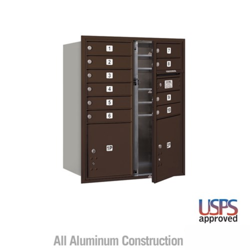 Salsbury 10 Door High Recessed Mounted 4C Horizontal Mailbox | 10 Doors and 2 Parcel Lockers with USPS Access - Front Loading
