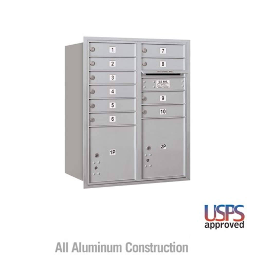 Salsbury 10 Door High Recessed Mounted 4C Horizontal Mailbox | 10 Doors and 2 Parcel Lockers with USPS Access - Rear Loading