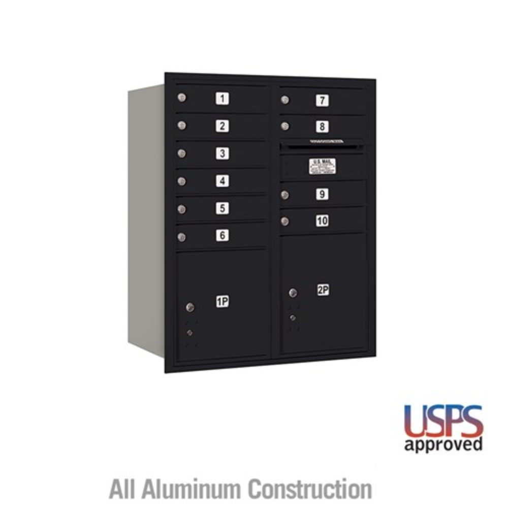 Salsbury 10 Door High Recessed Mounted 4C Horizontal Mailbox | 10 Doors and 2 Parcel Lockers with USPS Access - Rear Loading