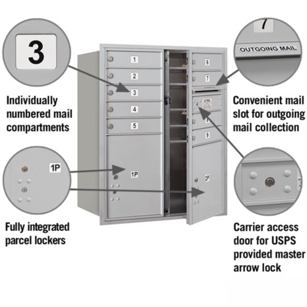 Salsbury 10 Door High Recessed Mounted 4C Horizontal Mailbox | 9 Doors and 2 Parcel Lockers with USPS Access - Front Loading