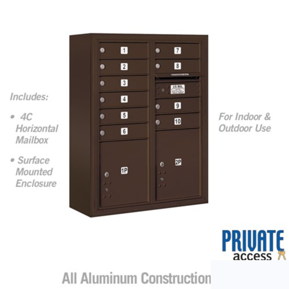 Salsbury 10 Door High Surface Mounted 4C Horizontal Mailbox | 10 Doors and 2 Parcel Lockers with Private Access