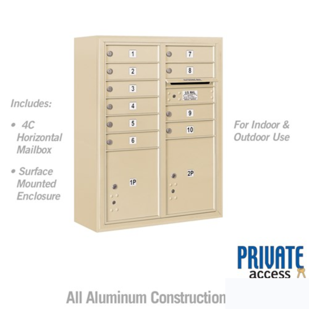 Salsbury 10 Door High Surface Mounted 4C Horizontal Mailbox | 10 Doors and 2 Parcel Lockers with Private Access