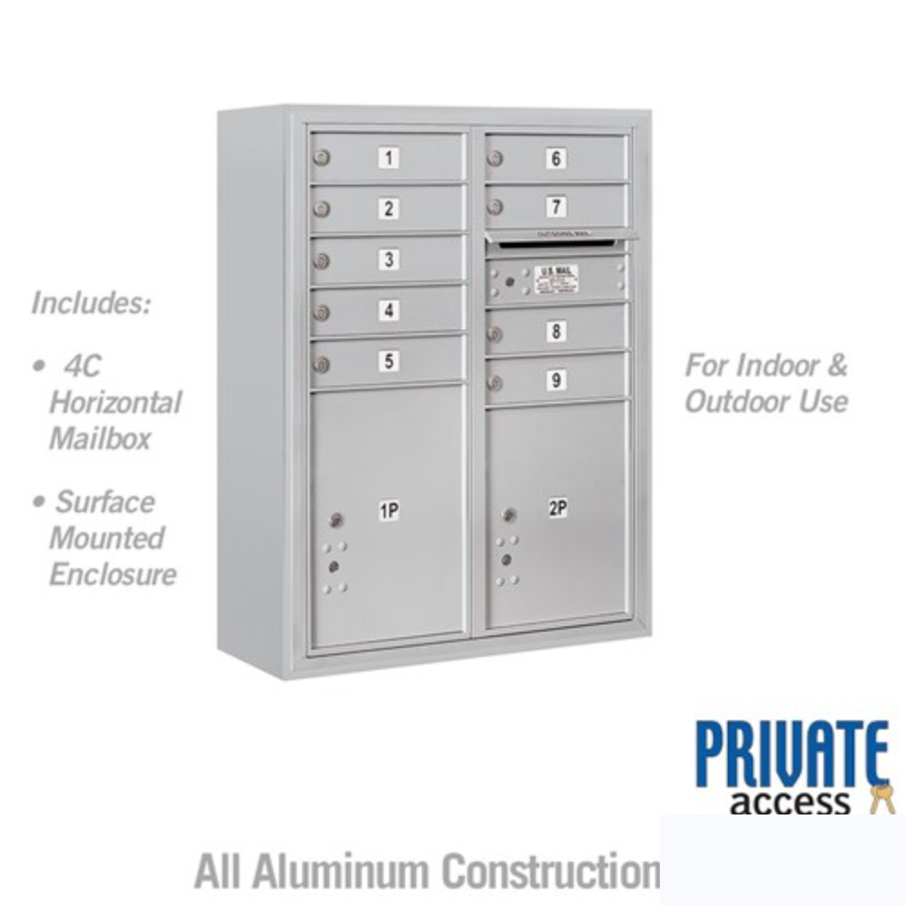 Salsbury 10 Door High Surface Mounted 4C Horizontal Mailbox | 9 Doors and 2 Parcel Lockers with Private Access