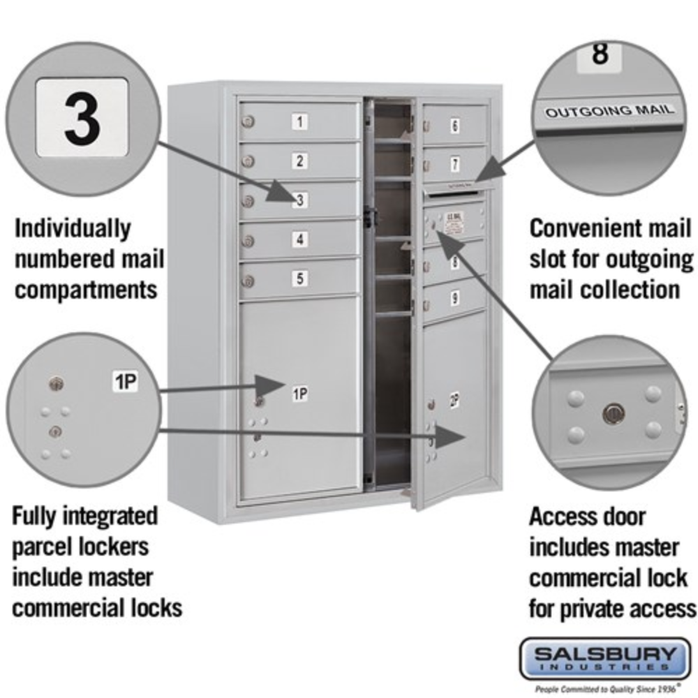 Salsbury 10 Door High Surface Mounted 4C Horizontal Mailbox | 9 Doors and 2 Parcel Lockers with Private Access