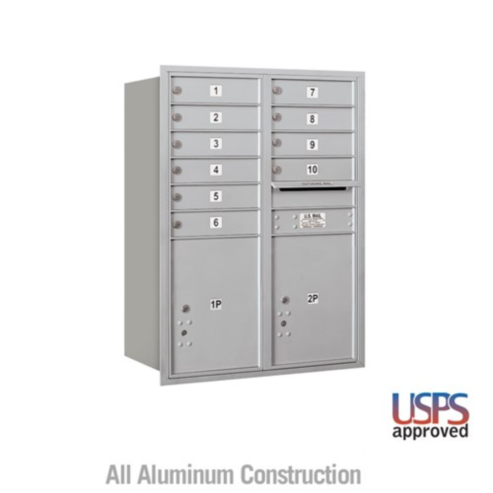 Salsbury 11 Door High Recessed Mounted 4C Horizontal Mailbox | 10 Doors and 2 Parcel Lockers with USPS Access - Rear Loading