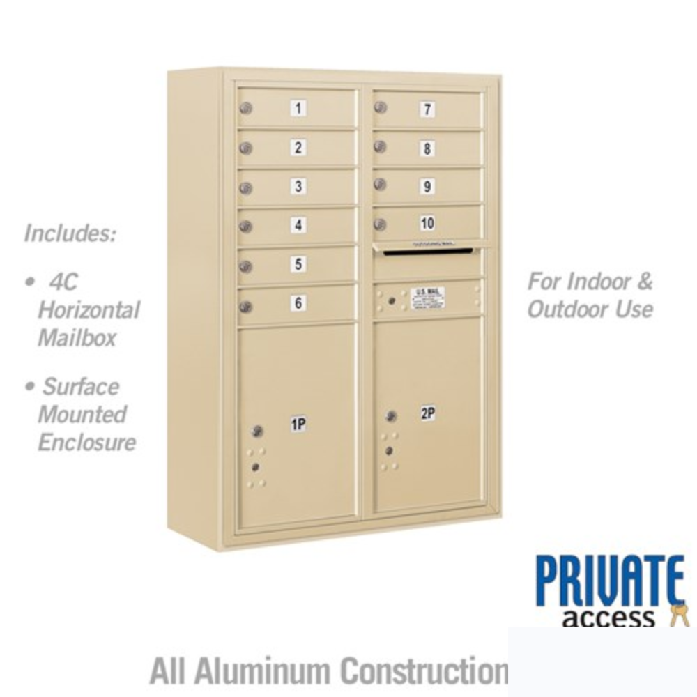Salsbury 11 Door High Surface Mounted 4C Horizontal Mailbox | 10 Doors and 2 Parcel Lockers with Private Access