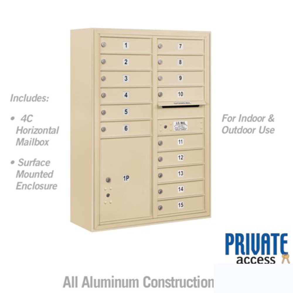 Salsbury 11 Door High Surface Mounted 4C Horizontal Mailbox | 15 Doors and 1 Parcel Locker with Private Access