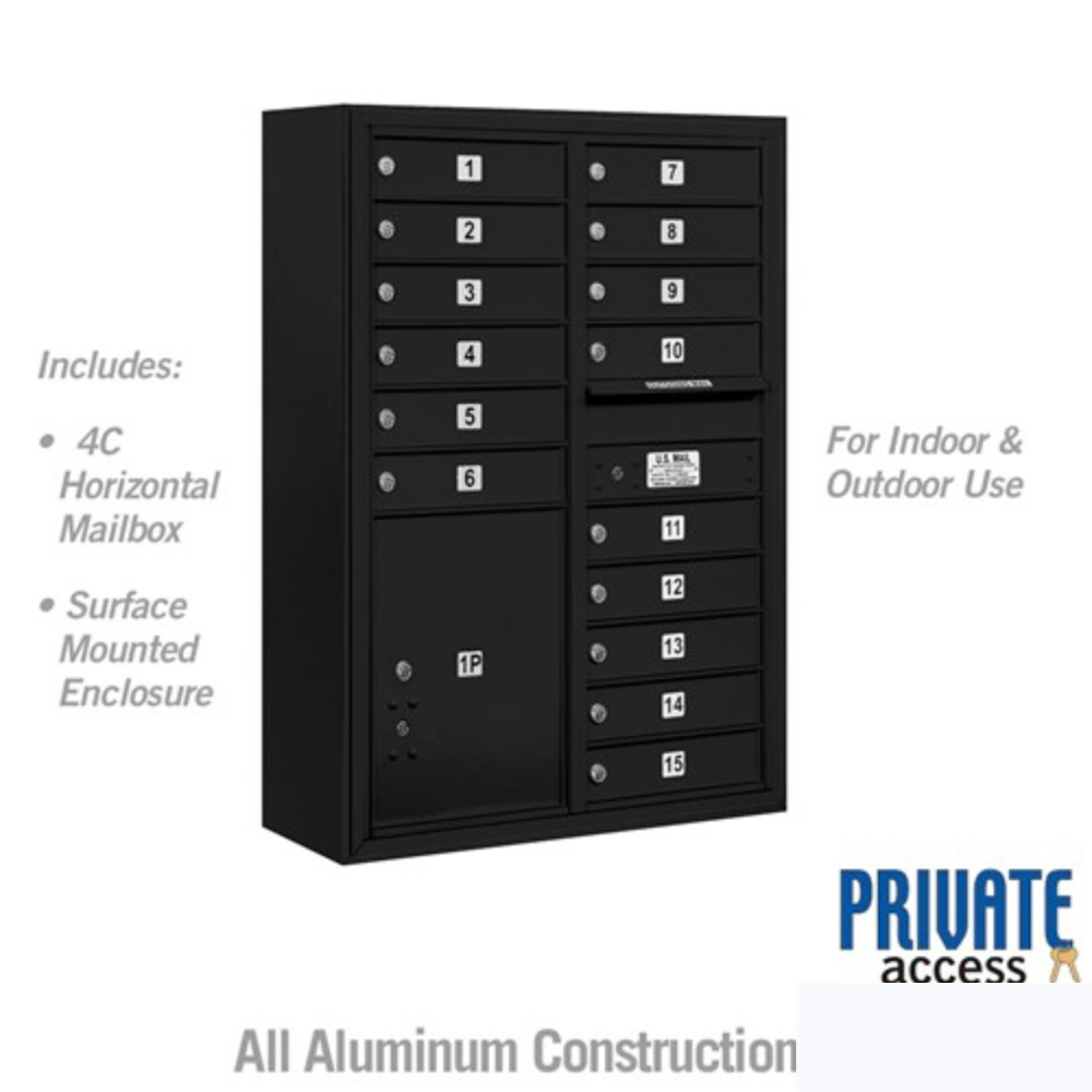 Salsbury 11 Door High Surface Mounted 4C Horizontal Mailbox | 15 Doors and 1 Parcel Locker with Private Access