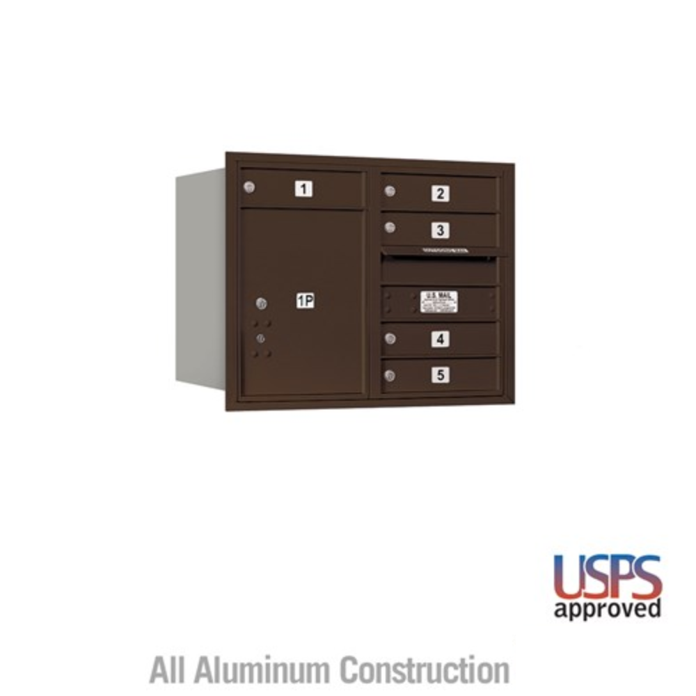 Salsbury 6 Door High Recessed Mounted 4C Horizontal Mailbox | 5 Doors and 1 Parcel Locker with USPS Access - Rear Loading