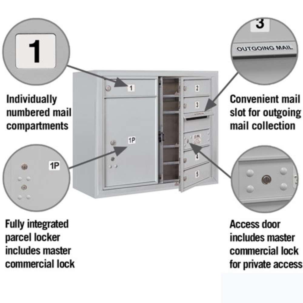 Salsbury 6 Door High Surface Mounted 4C Horizontal Mailbox | 5 Doors and 1 Parcel Locker with Private Access
