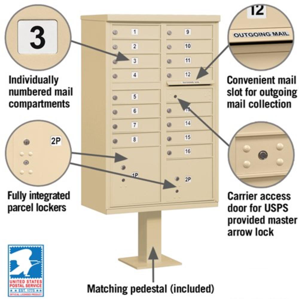 Salsbury Cluster Box Unit | 16 Doors and 2 Parcel Lockers with USPS Access – Type 3