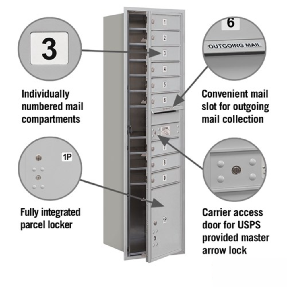 Salsbury Maximum Height Recessed Mounted 4C Horizontal Mailbox | 9 Doors and 1 Parcel Locker with USPS Access - Front Loading