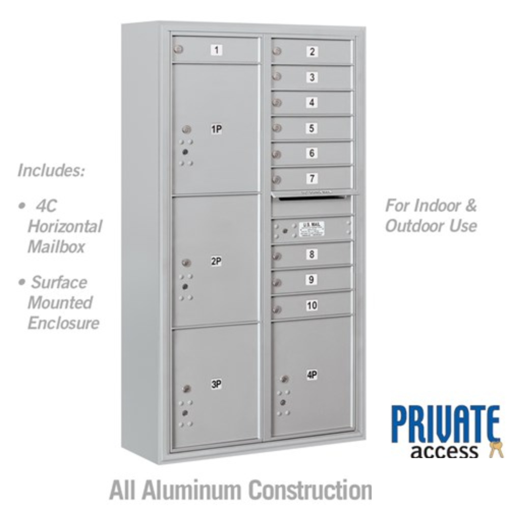Salsbury Maximum Height Surface Mounted 4C Horizontal Mailbox | 10 Doors and 4 Parcel Lockers with Private Access