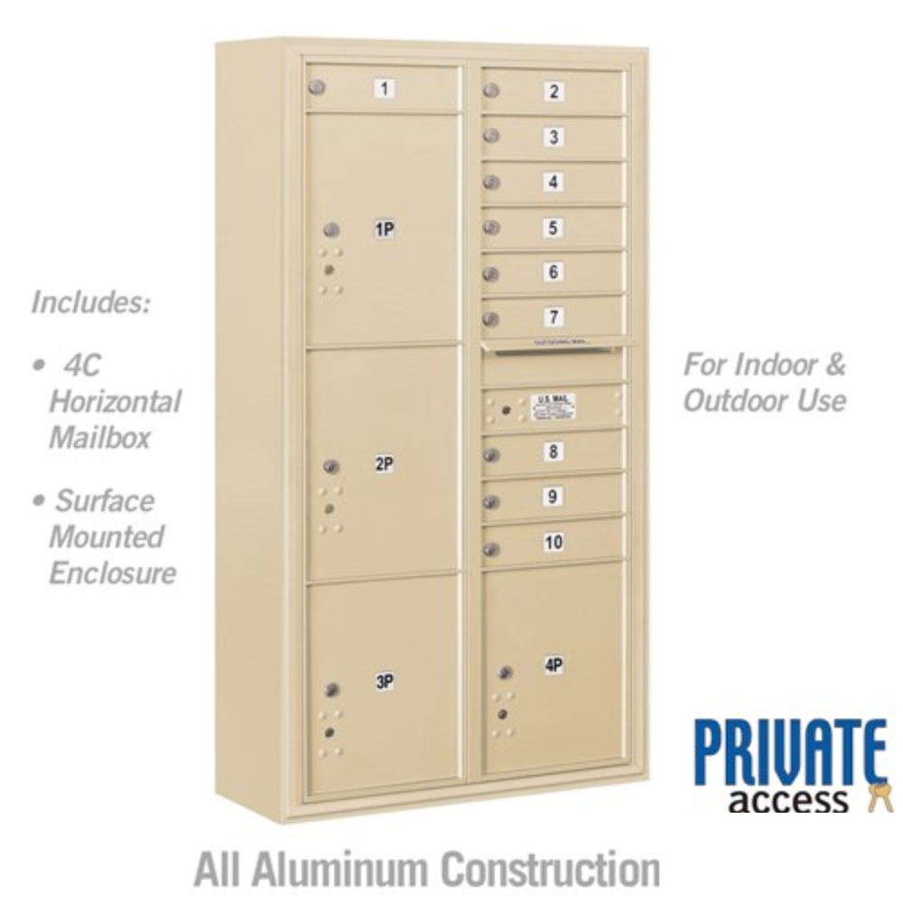 Salsbury Maximum Height Surface Mounted 4C Horizontal Mailbox | 10 Doors and 4 Parcel Lockers with Private Access