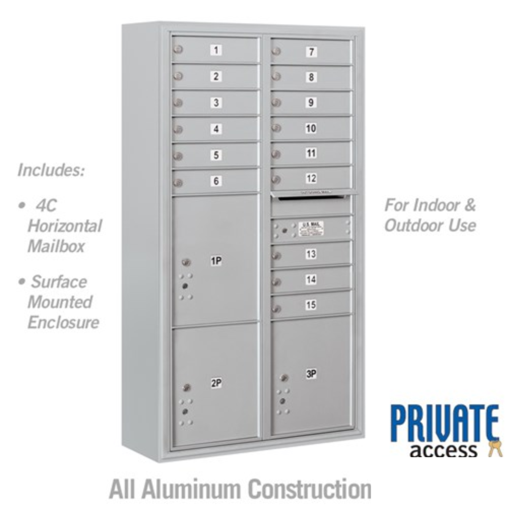 Salsbury Maximum Height Surface Mounted 4C Horizontal Mailbox | 15 Doors and 3 Parcel Lockers with Private Access