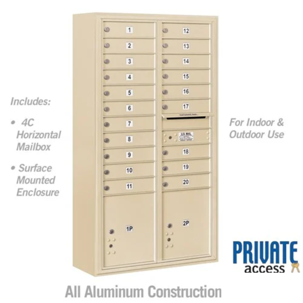 Salsbury Maximum Height Surface Mounted 4C Horizontal Mailbox | 20 Doors and 2 Parcel Lockers with Private Access