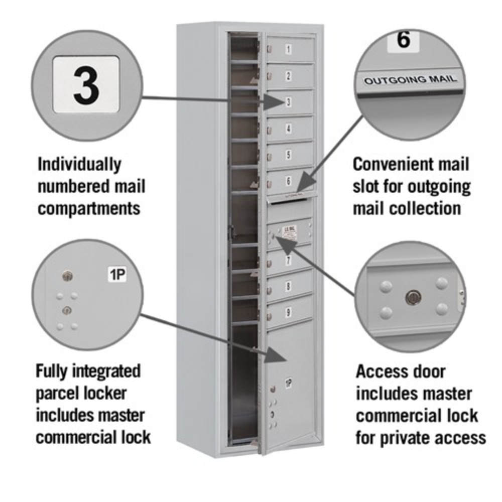 Salsbury Maximum Height Surface Mounted 4C Horizontal Mailbox | 9 Doors and 1 Parcel Locker with Private Access