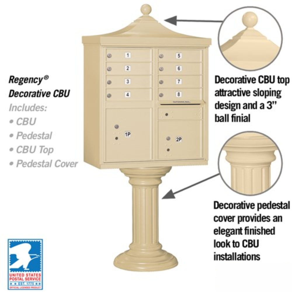 Salsbury Regency Decorative Cluster Box Unit | 8 Doors and 2 Parcel Lockerswith USPS Access – Type 1
