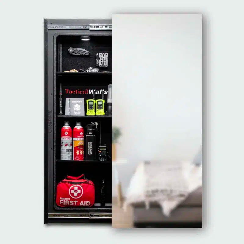 Tactical Walls BM1440FM — open mirror with example household supplies