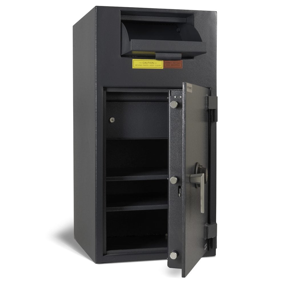 AMSEC BWB3020FL Wide Body Deposit Safe open side view with key-locked inner compartment and bolt protection