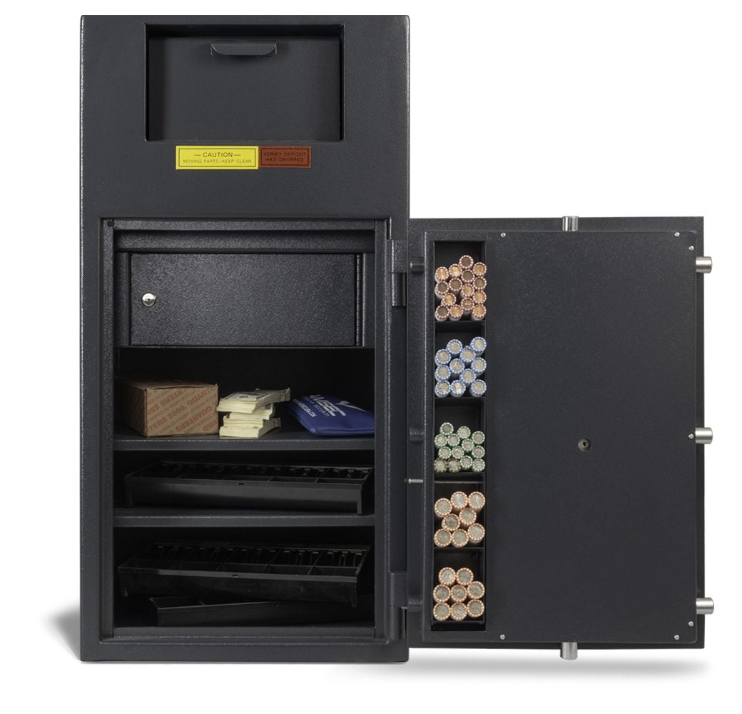 AMSEC BWB3020FL Wide Body Deposit Safe with door open showing interior cash storage shelves and coin rack