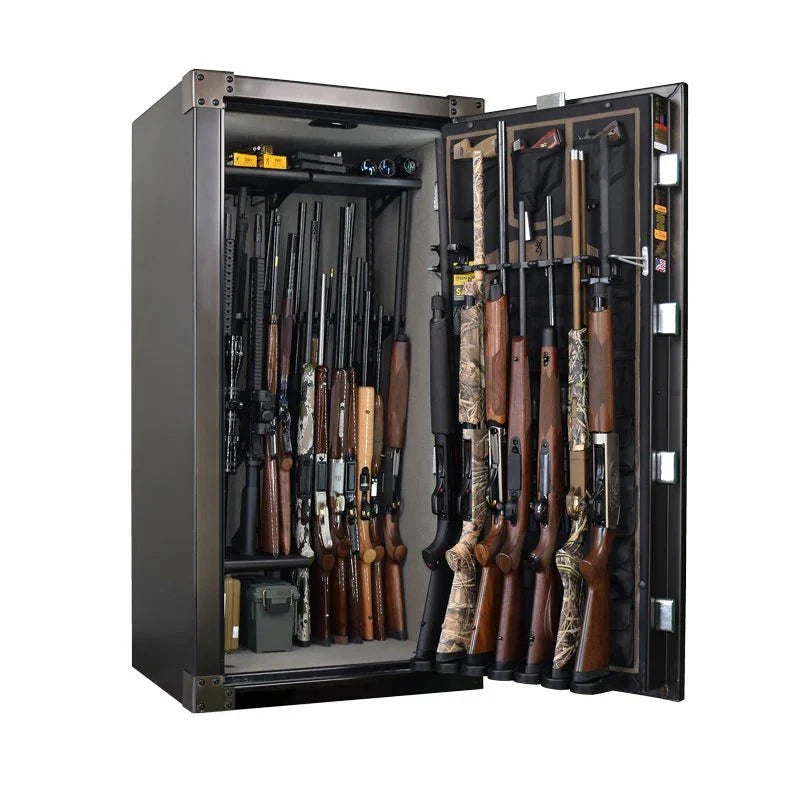 Browning 1878-33 33-Gun Safe — open interior and door storage with example firearms