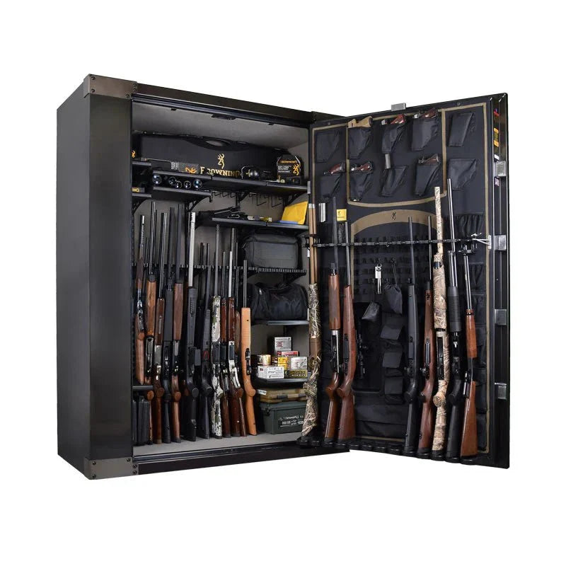 Browning 1878-65T Extra Wide Tall 65-Gun Safe — open interior and door storage with example firearms