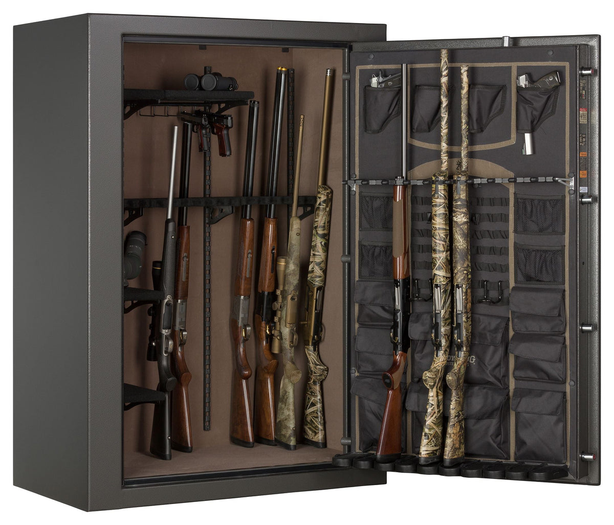 Browning HTR49 Hunter Deluxe Wide 49-Gun Safe — open interior and door storage with example firearms