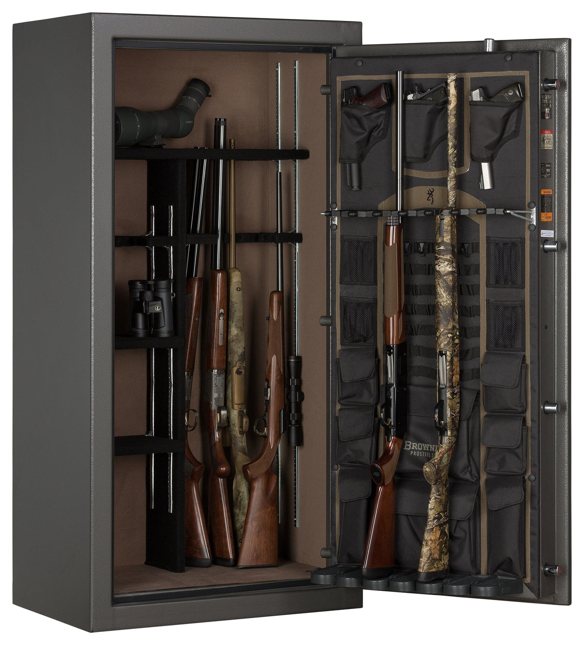 Browning SP23 Sporter 23-Gun Safe — open interior and door storage with example firearms