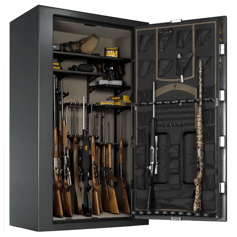 Browning SR49T Silver Series Tall 49-Gun Safe — open interior with example firearms