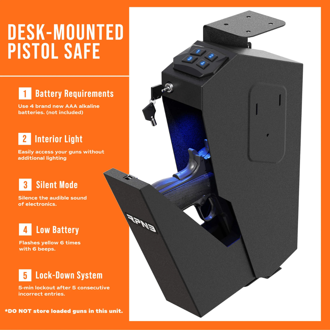RPNB RP311E Electronic Keypad Handgun Safe with Quick Access Drop Down Lid (Desk Mounted Pistol Safe)
