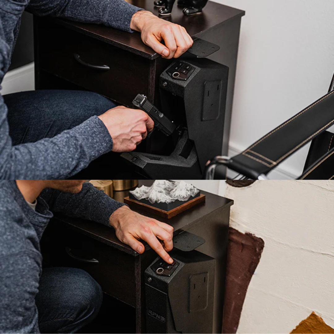 RPNB RP311F Fingerprint Handgun Safe With Quick Access Drop Down Lid (Desk Mounted Pistol Safe)