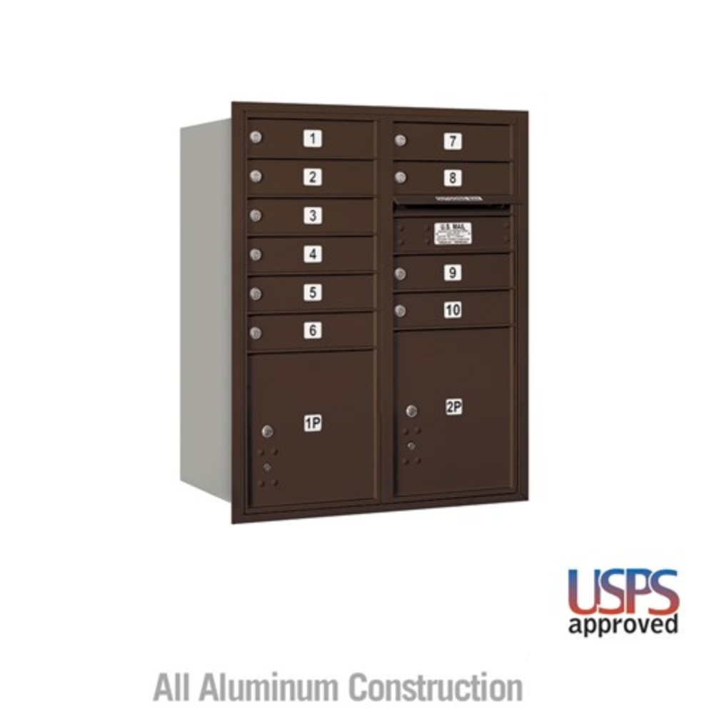 Salsbury 10 Door High Recessed Mounted 4C Horizontal Mailbox | 10 Doors and 2 Parcel Lockers with USPS Access - Rear Loading
