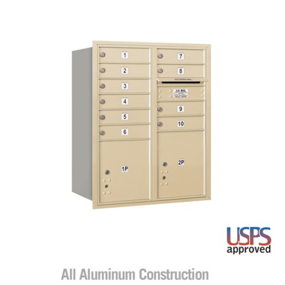 Salsbury 10 Door High Recessed Mounted 4C Horizontal Mailbox | 10 Doors and 2 Parcel Lockers with USPS Access - Rear Loading