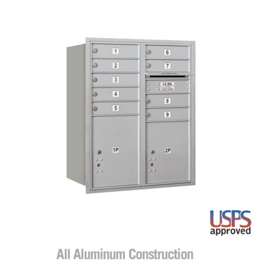 Salsbury 10 Door High Recessed Mounted 4C Horizontal Mailbox | 9 Doors and 2 Parcel Lockers with USPS Access - Rear Loading