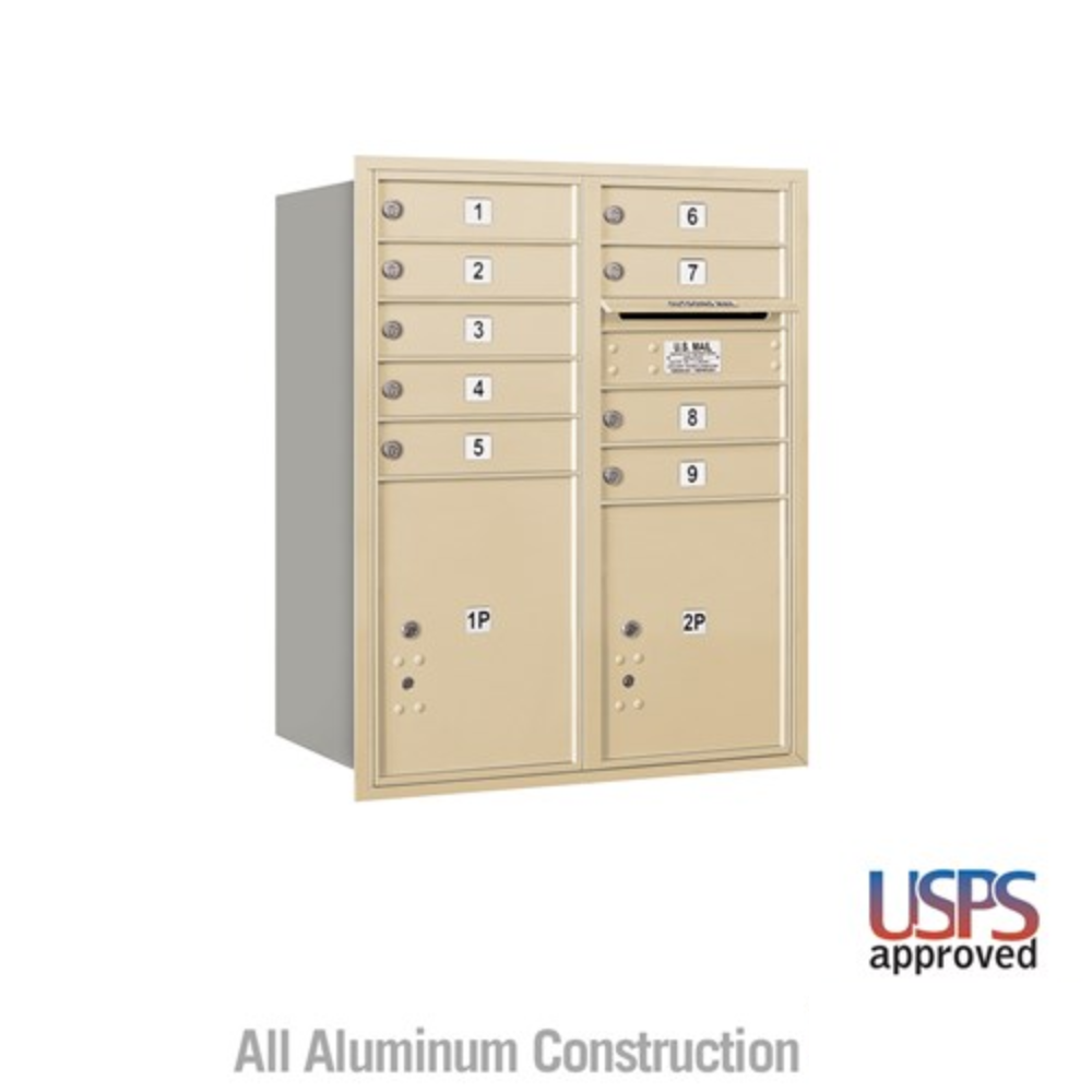 Salsbury 10 Door High Recessed Mounted 4C Horizontal Mailbox | 9 Doors and 2 Parcel Lockers with USPS Access - Rear Loading