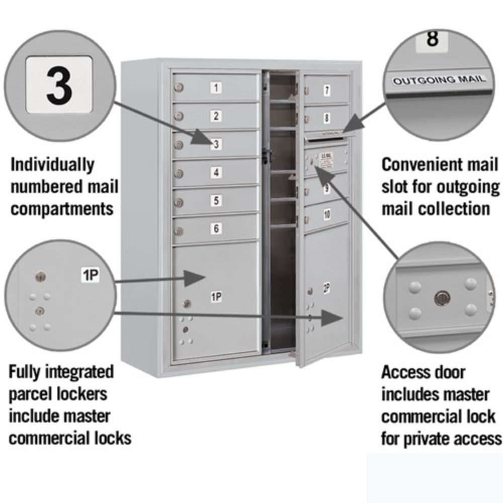 Salsbury 10 Door High Surface Mounted 4C Horizontal Mailbox | 10 Doors and 2 Parcel Lockers with Private Access