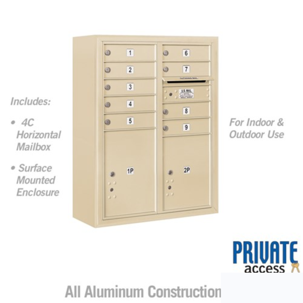 Salsbury 10 Door High Surface Mounted 4C Horizontal Mailbox | 9 Doors and 2 Parcel Lockers  with Private Access