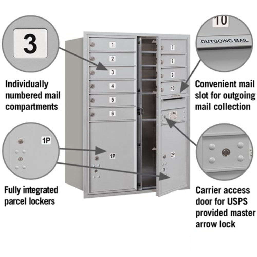 Salsbury 11 Door High Recessed Mounted 4C Horizontal Mailbox | 10 Doors and 2 Parcel Lockers  with USPS Access - Front Loading