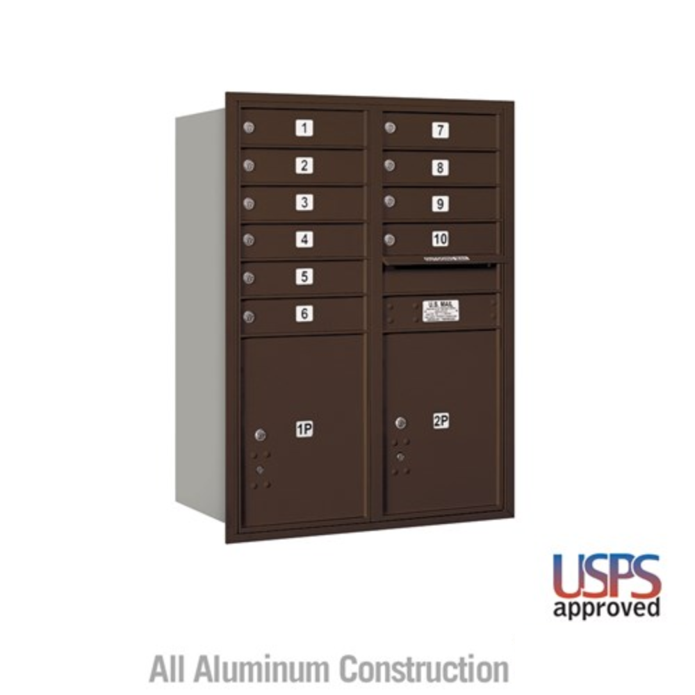 Salsbury 11 Door High Recessed Mounted 4C Horizontal Mailbox | 10 Doors and 2 Parcel Lockers with USPS Access - Rear Loading
